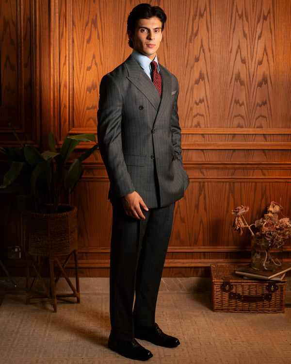Grey & Charcoal Pinstriped Double-Breasted Suit