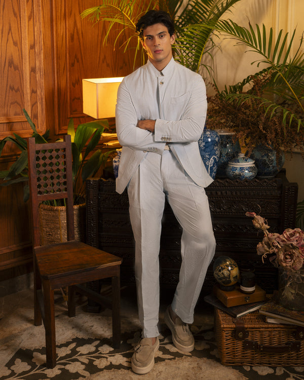 Ice Blue Seersucker Band-Collar Jacket