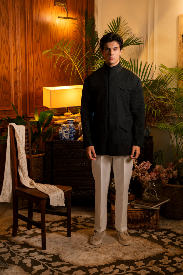 Linen Safari Overshirt in Black