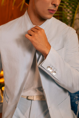 Ice Blue Seersucker Band-Collar Jacket