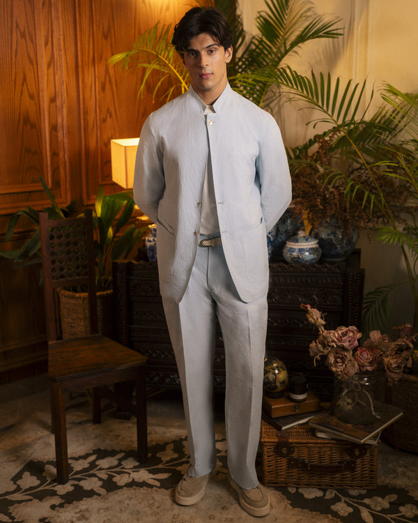 Ice Blue Seersucker Pleated Trousers