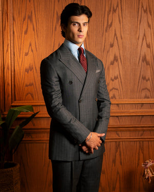 Grey & Charcoal Pinstriped Double-Breasted Jacket by Mohtaram, detail view 2