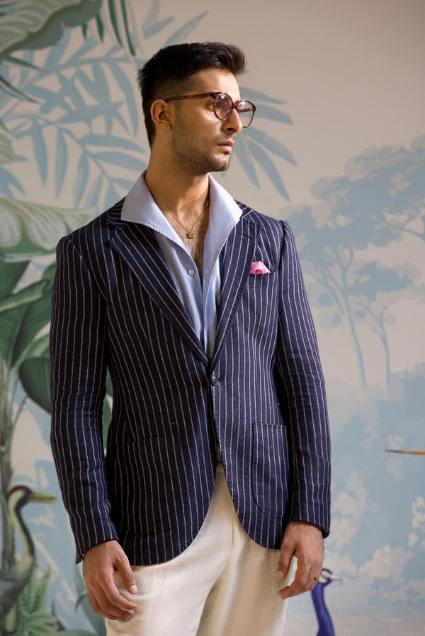 Mohtaram - Navy Pinstriped Sport Jacket in Wool, Silk & Linen