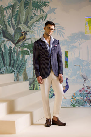 Mohtaram - Navy Pinstriped Sport Jacket in Wool, Silk & Linen
