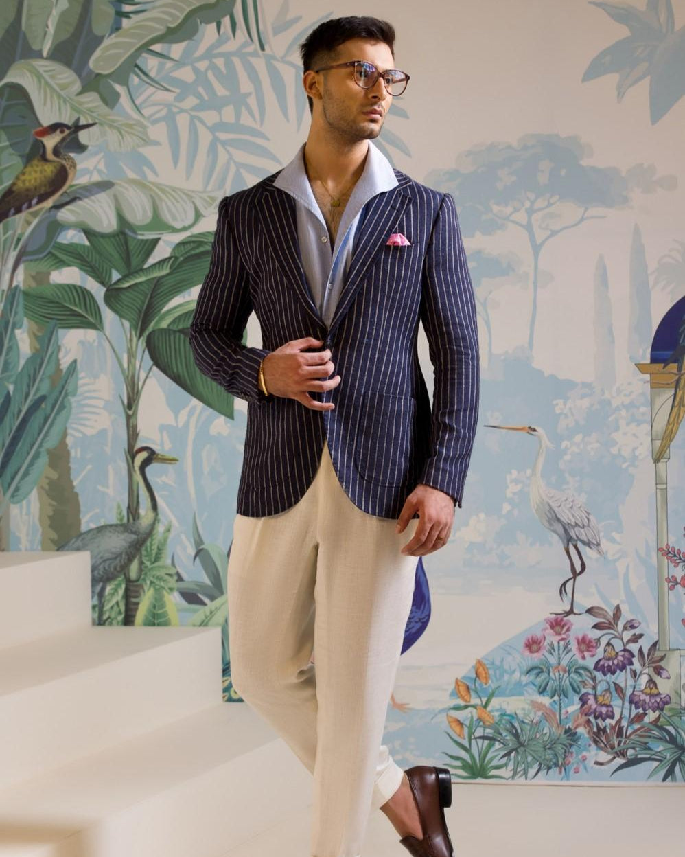 Mohtaram - Navy Pinstriped Sport Jacket in Wool, Silk & Linen