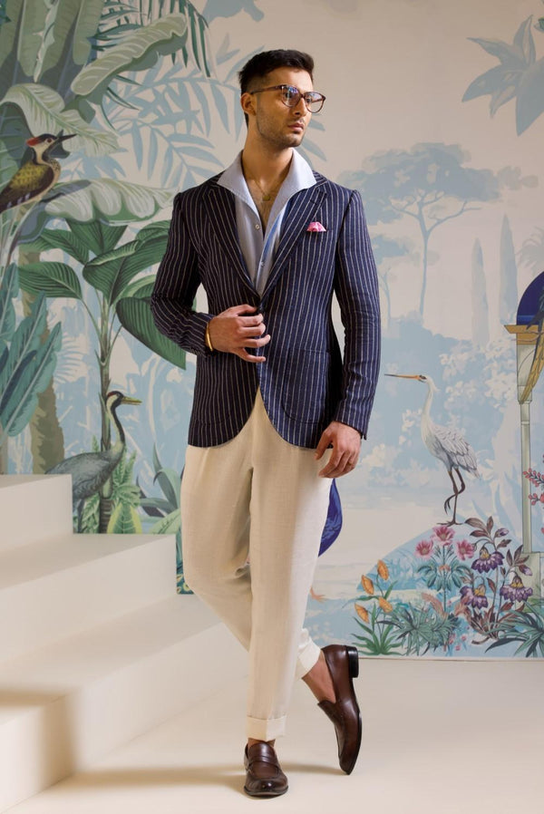 Mohtaram - Navy Pinstriped Sport Jacket in Wool, Silk & Linen