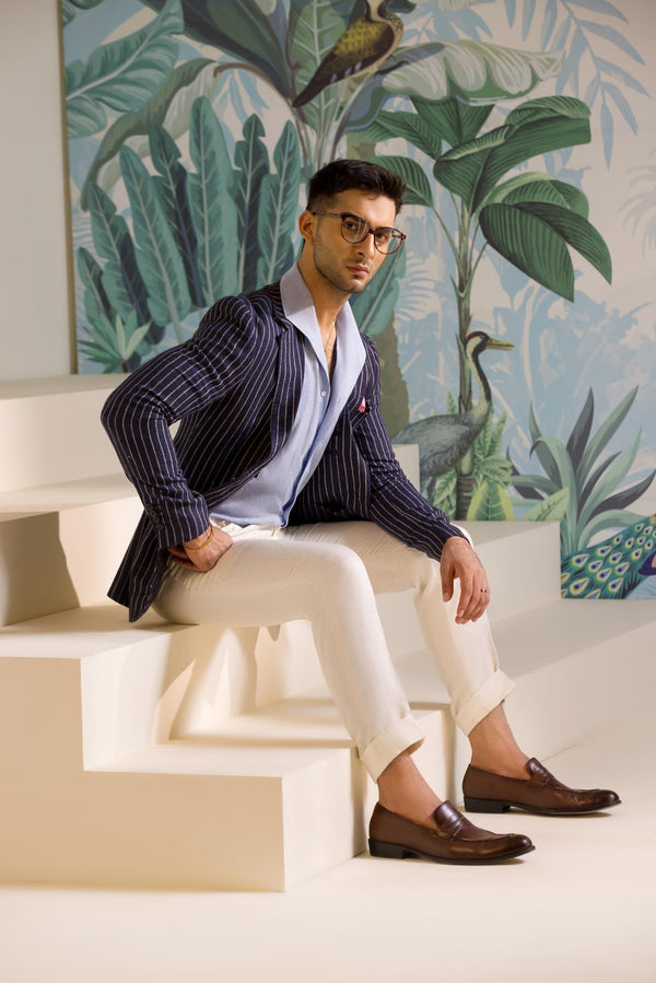Mohtaram - Navy Pinstriped Sport Jacket in Wool, Silk & Linen
