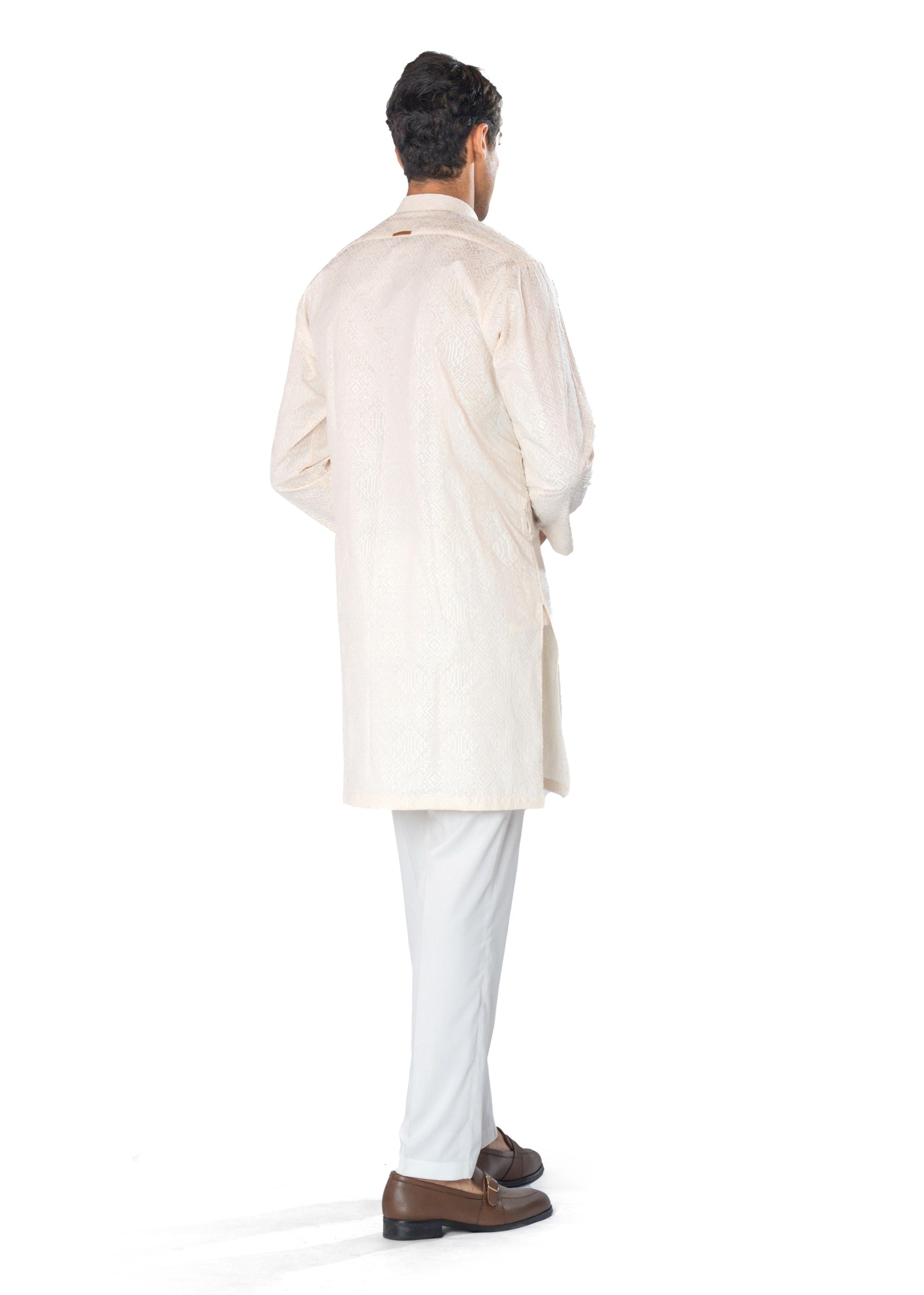 Off-White Embroidered Kurta in Cross-Stitch Pattern