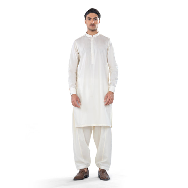 Off-White Kurta & Shalwar Set in Pima Cotton with French Cuffs