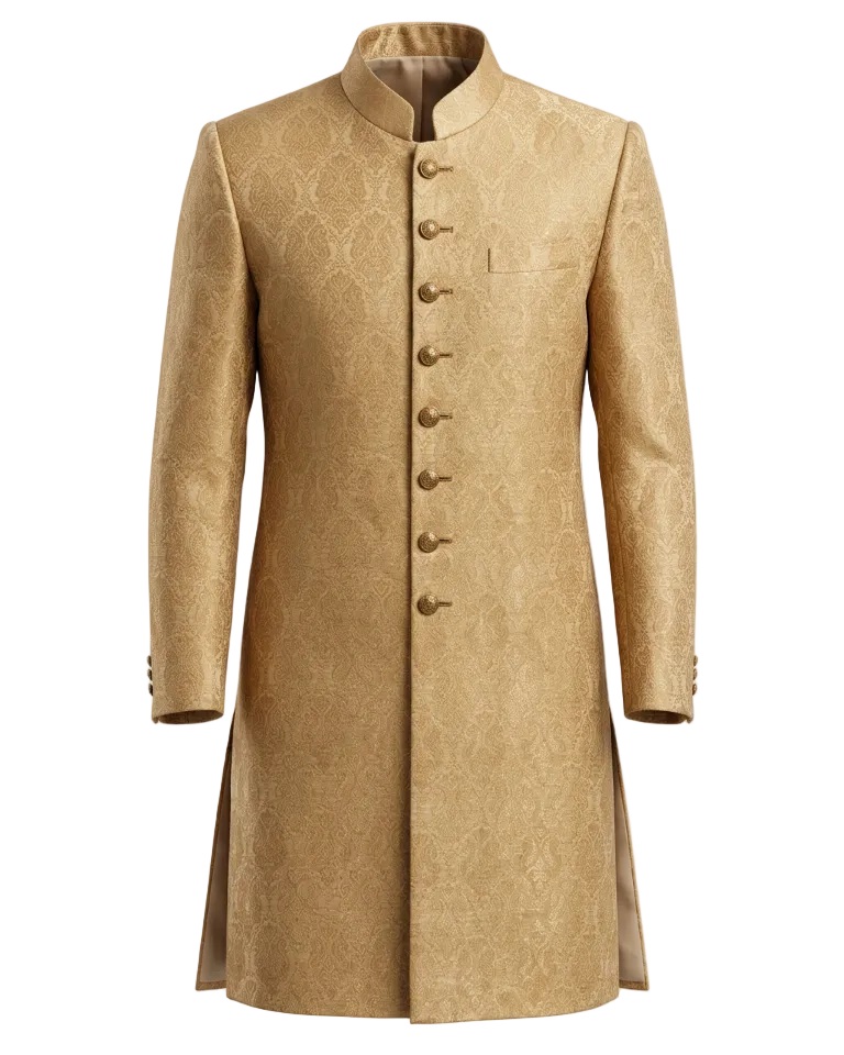 Traditional Sherwani in Golden Jacquard Jamiawar by Mohtaram