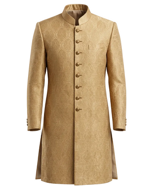 Traditional Sherwani in Golden Jacquard Jamiawar by Mohtaram