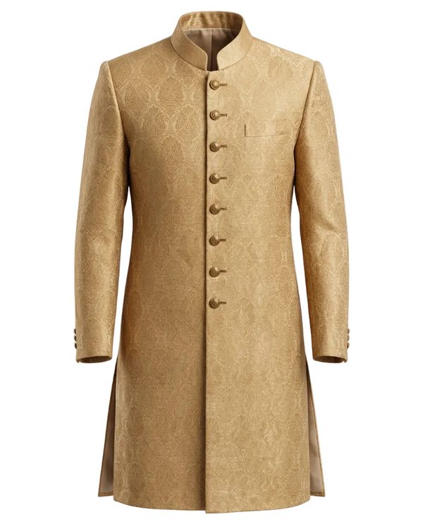Traditional Sherwani in Golden Jacquard Jamiawar by Mohtaram