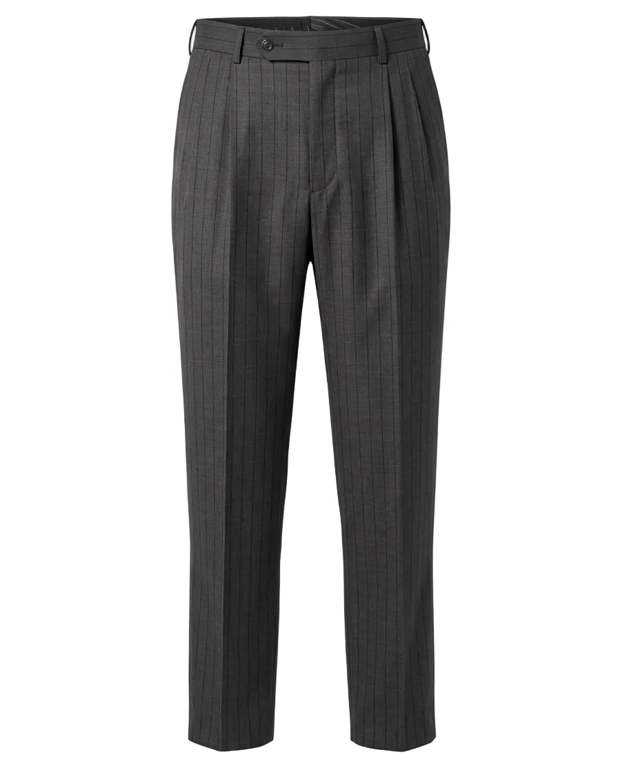 Dark gray pinstriped trousers with a flat front and belt loops, shown on a clean white background.