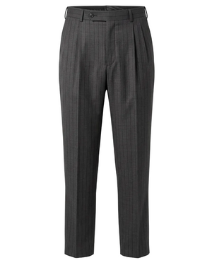 Dark gray pinstriped trousers with a flat front and belt loops, shown on a clean white background.