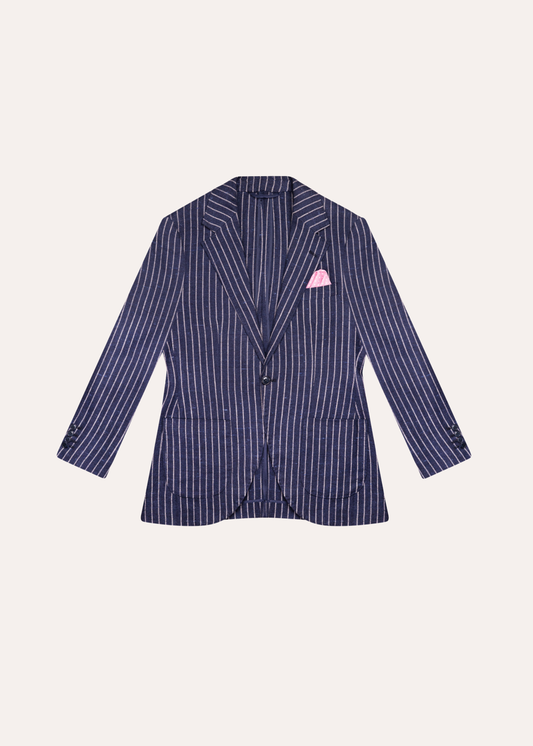 Navy Pinstriped Sport Jacket in Wool Silk & Linen