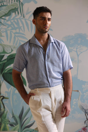 Sky Blue Linen Shirt with Short Sleeves & One Piece Collar by Mohtaram