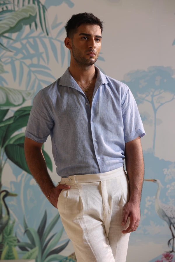 Sky Blue Linen Shirt with Short Sleeves & One Piece Collar by Mohtaram