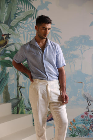 Sky Blue Linen Shirt with Short Sleeves & One Piece Collar by Mohtaram
