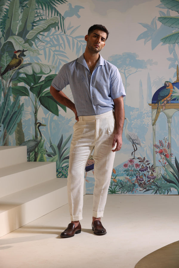 Sky Blue Linen Shirt with Short Sleeves & One Piece Collar by Mohtaram