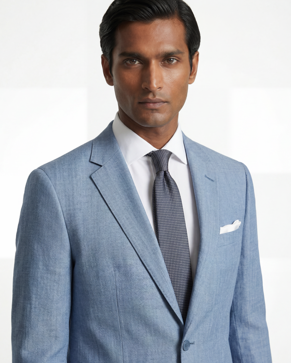 Man wearing a light blue suit with a white shirt and patterned tie on a white background