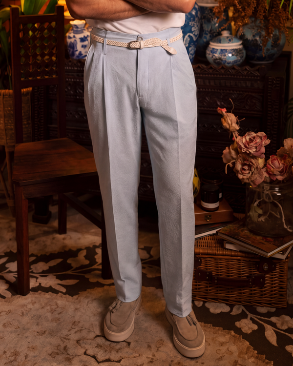 Ice Blue Seersucker Pleated Trousers