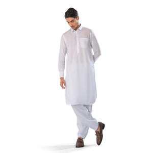 White Kameez & Shalwar Set in Pima Cotton with French Cuffs