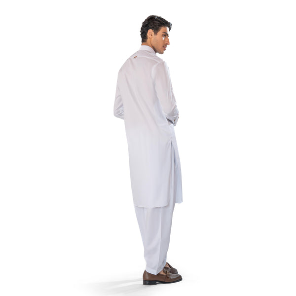 White Kameez & Shalwar Set in Pima Cotton with French Cuffs