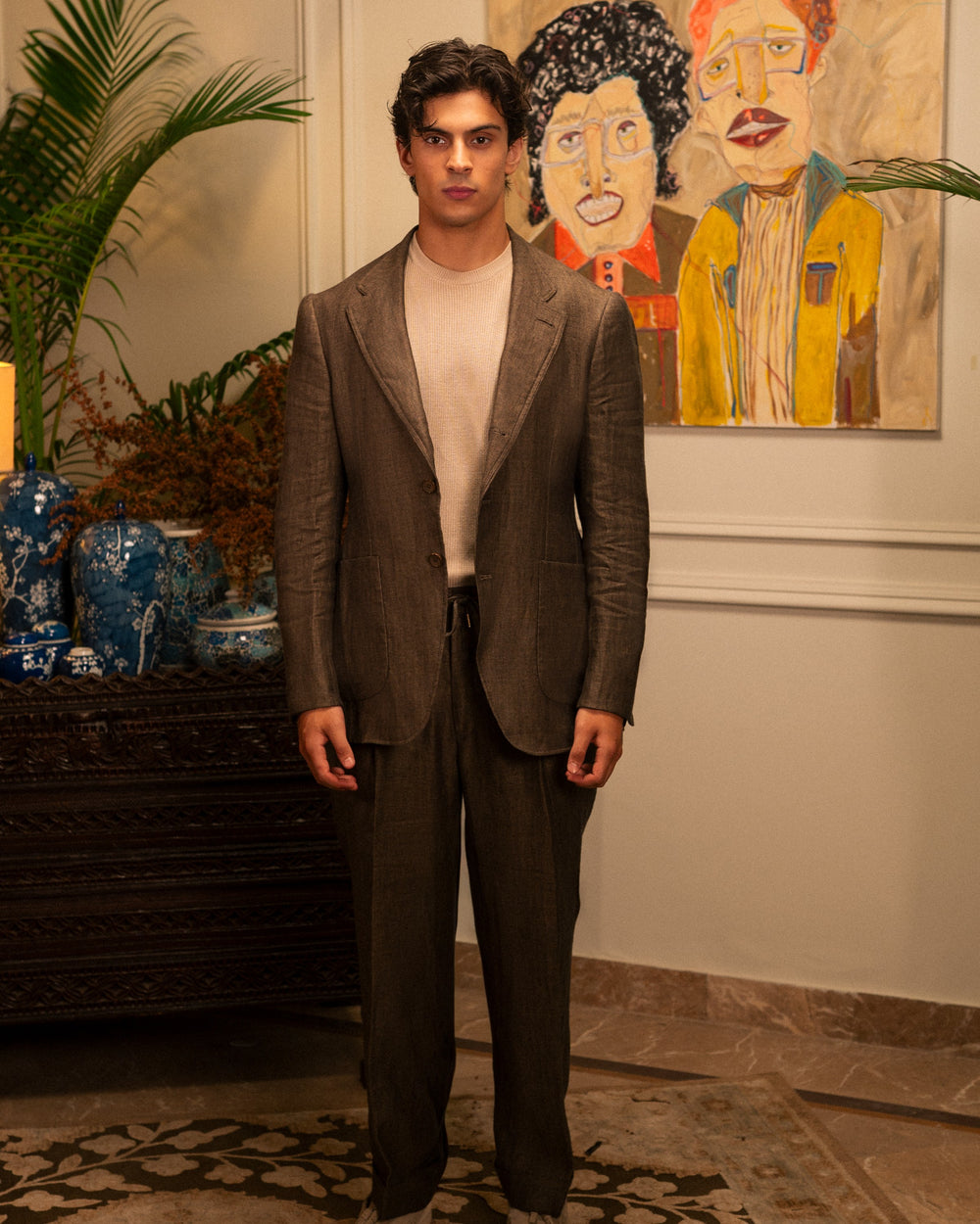 Convertible Mandarin-Collar Suit in Brown Linen by Mohtaram