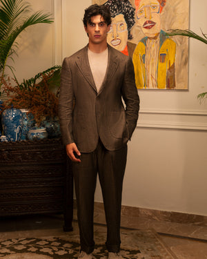 Mohtaram – Brown linen convertible suit, hands in pockets