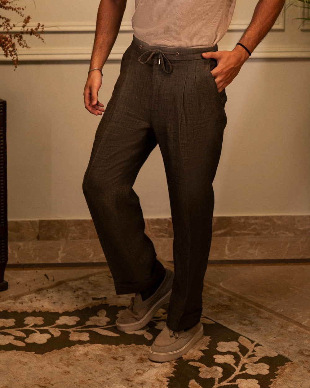 Drawstring Trousers in Brown Linen by Mohtaram