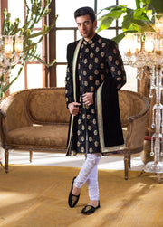 Sherwani in Black Velvet with Hand Embroidery