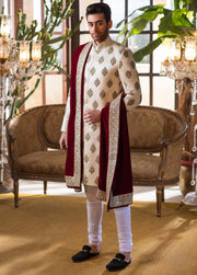 Sherwani in Ivory Raw Silk with Hand Embroidered Motifs