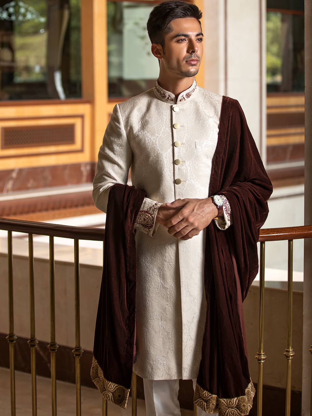 Sherwani in Ivory Karandi Jamiawar with Hand Embroidery by Mohtaram