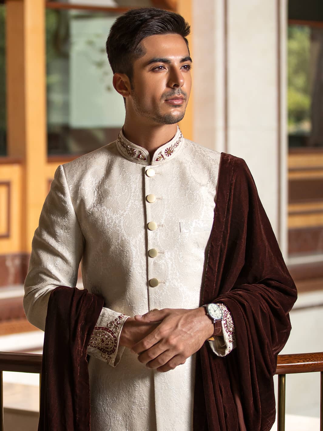 Sherwani in Ivory Karandi Jamiawar with Hand Embroidery by Mohtaram