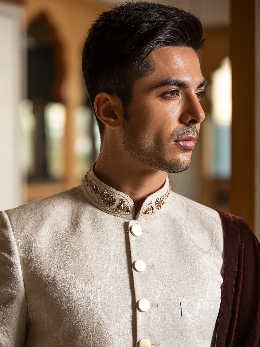 Sherwani in Ivory Karandi Jamiawar with Hand Embroidery by Mohtaram