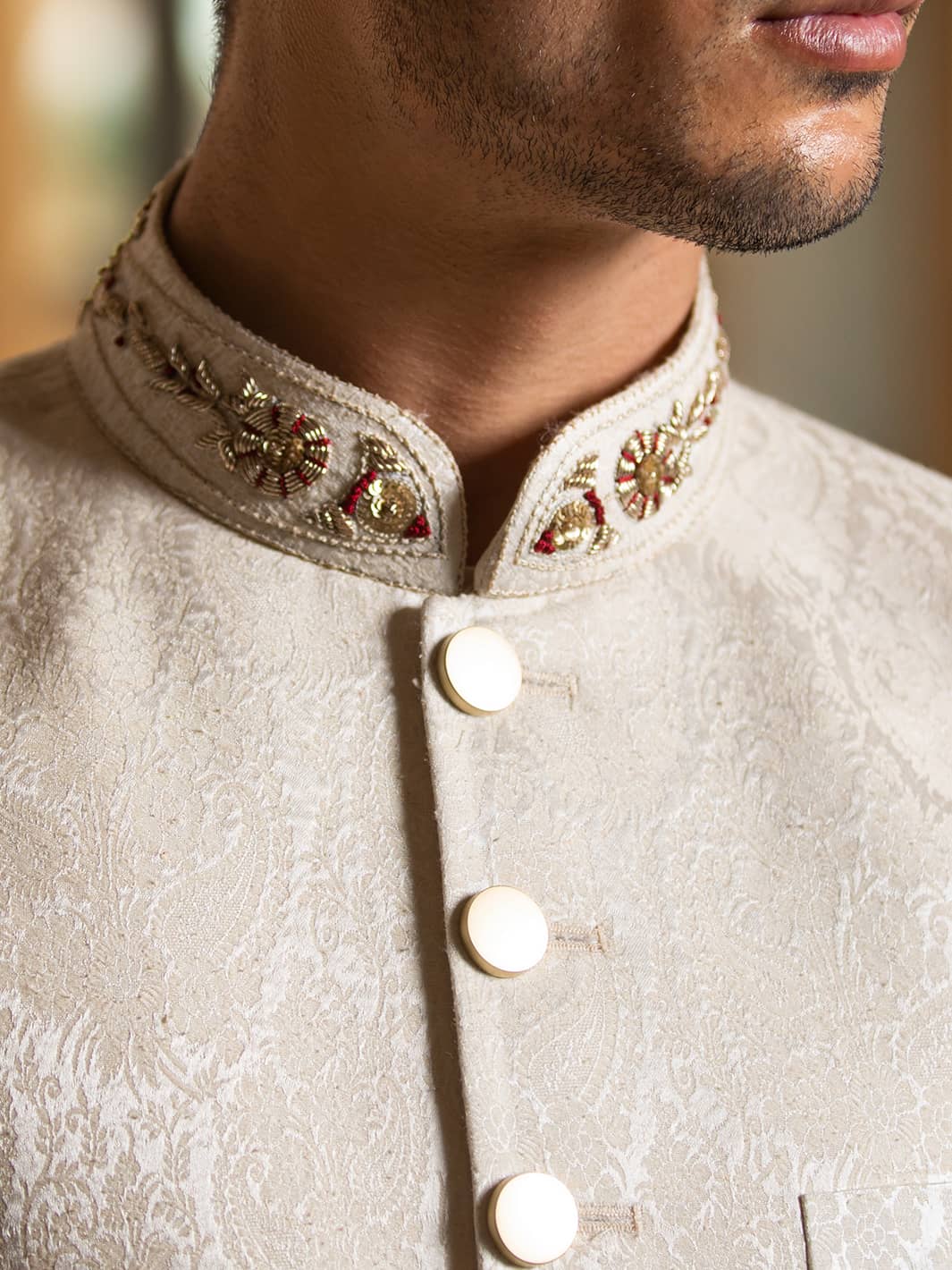 Sherwani in Ivory Karandi Jamiawar with Hand Embroidery by Mohtaram