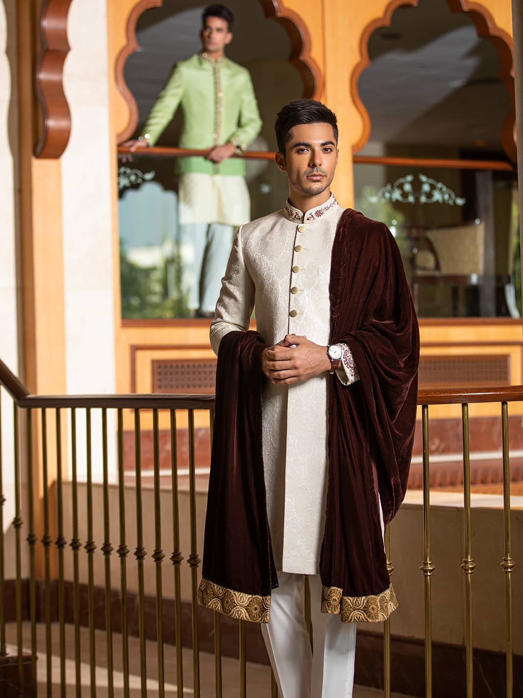Sherwani in Ivory Karandi Jamiawar with Hand Embroidery by Mohtaram