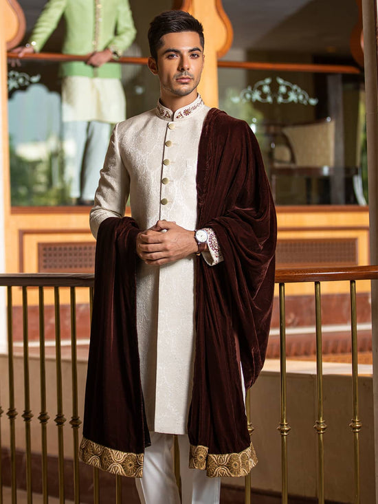 Sherwani in Ivory Karandi Jamiawar with Hand Embroidery by Mohtaram