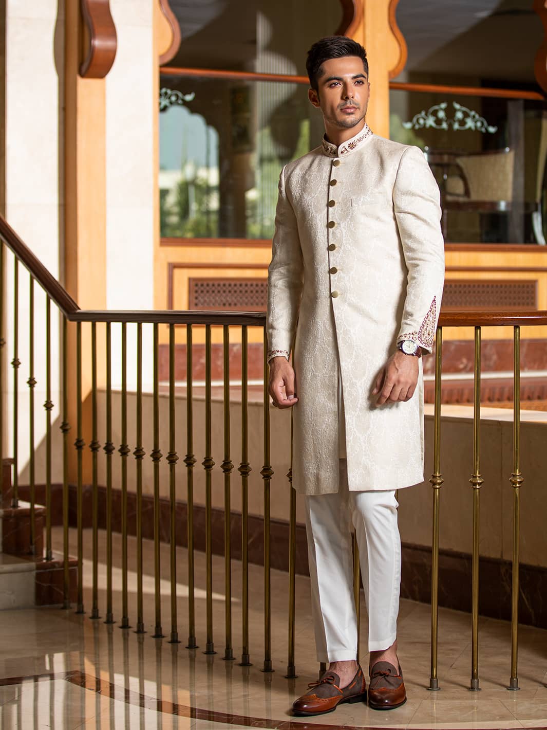 Sherwani in Ivory Karandi Jamiawar with Hand Embroidery by Mohtaram