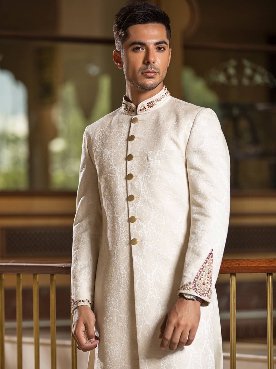Sherwani in Ivory Karandi Jamiawar with Hand Embroidery by Mohtaram